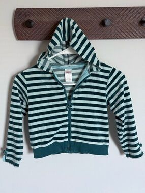 Gymboree Green Teal Striped Velvet Bow Full Zip Hoodie Hooded Sweatshirt Girls 6